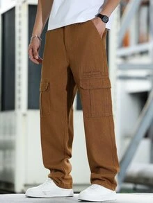 Manfinity Homme 男士工装口袋直筒宽松休闲牛仔裤 - 卡其色 - 查看 4
