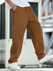 Manfinity Homme 男士工装口袋直筒宽松休闲牛仔裤 - 卡其色 - 查看 5