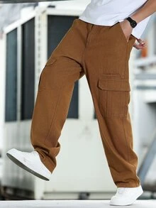 Manfinity Homme 男士工装口袋直筒宽松休闲牛仔裤 - 卡其色 - 查看 3