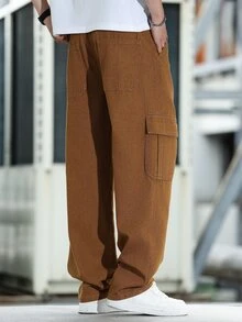 Manfinity Homme 男士工装口袋直筒宽松休闲牛仔裤 - 卡其色 - 查看 2