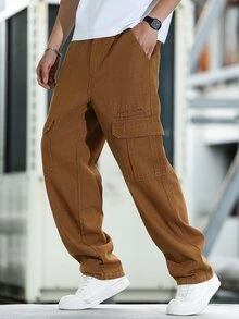 Manfinity Homme 男士工装口袋直筒宽松休闲牛仔裤 - 卡其色 - 查看 6