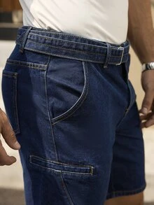 Manfinity Homme Men's Solid Color Pocket Casual Denim Shorts, Suitable For Summer - Dark Wash - View 2