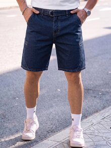 Manfinity Homme Men's Solid Color Pocket Casual Denim Shorts, Suitable For Summer - Dark Wash - View 1