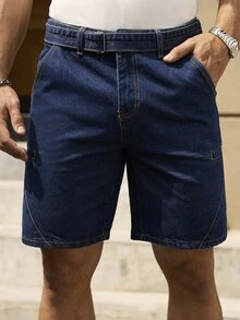 Manfinity Homme Men's Solid Color Pocket Casual Denim Shorts, Suitable For Summer - Dark Wash - View 5