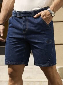 Manfinity Homme Men's Solid Color Pocket Casual Denim Shorts, Suitable For Summer - Dark Wash - View 3