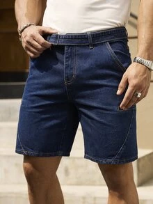 Manfinity Homme Men's Solid Color Pocket Casual Denim Shorts, Suitable For Summer - Dark Wash - View 8