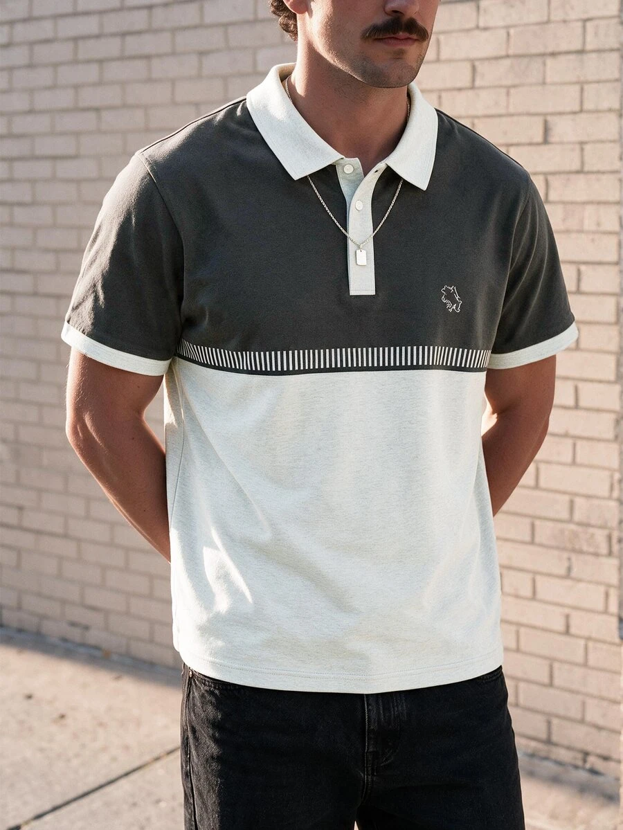 Manfinity Hypemode Men's Retro Sports Style Colorblock Patchwork & Striped Noble Horse Logo Silhouette Polo Shirt - Multicolor - View 1