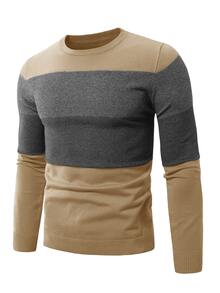 Manfinity Homme Men's Casual Contrast Color Crew Neck Slim Fit Long Sleeve Sweater, Autumn/Winter - Camel - View 4