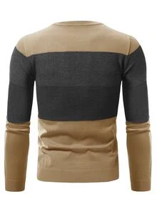 Manfinity Homme Men's Casual Contrast Color Crew Neck Slim Fit Long Sleeve Sweater, Autumn/Winter - Camel - View 2
