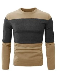 Manfinity Homme Men's Casual Contrast Color Crew Neck Slim Fit Long Sleeve Sweater, Autumn/Winter - Camel - View 3