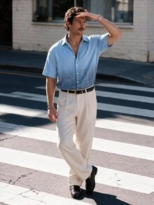 Manfinity Homme Camisa casual de manga corta con botones delanteros para hombres, versátil para el verano - Multicolor - Ver 1