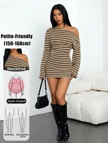 SHEIN PETITE 女款條紋不對稱單肩長袖修身性感迷你洋裝 - 彩色 - 查看 11