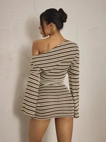 SHEIN PETITE 女款條紋不對稱單肩長袖修身性感迷你洋裝 - 彩色 - 查看 2