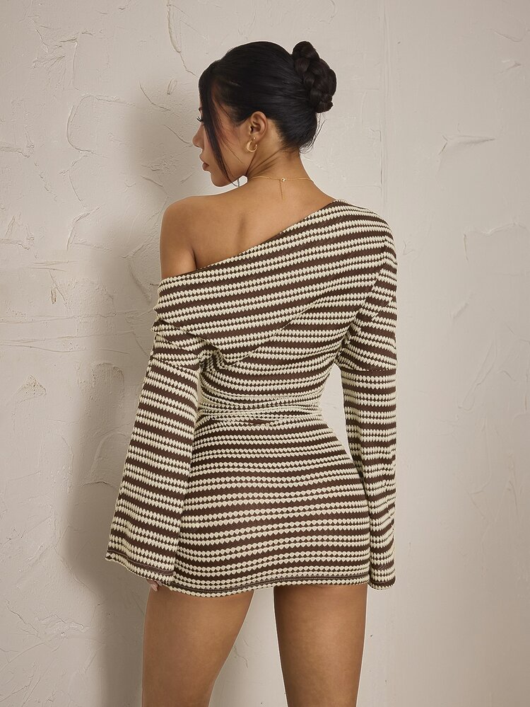 SHEIN PETITE Women's Striped Asymmetrical Shoulder Long Sleeve Fitted Sexy Mini Dress - Multicolor - View 2
