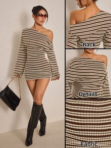 SHEIN PETITE 女款條紋不對稱單肩長袖修身性感迷你洋裝 - 彩色 - 查看 1