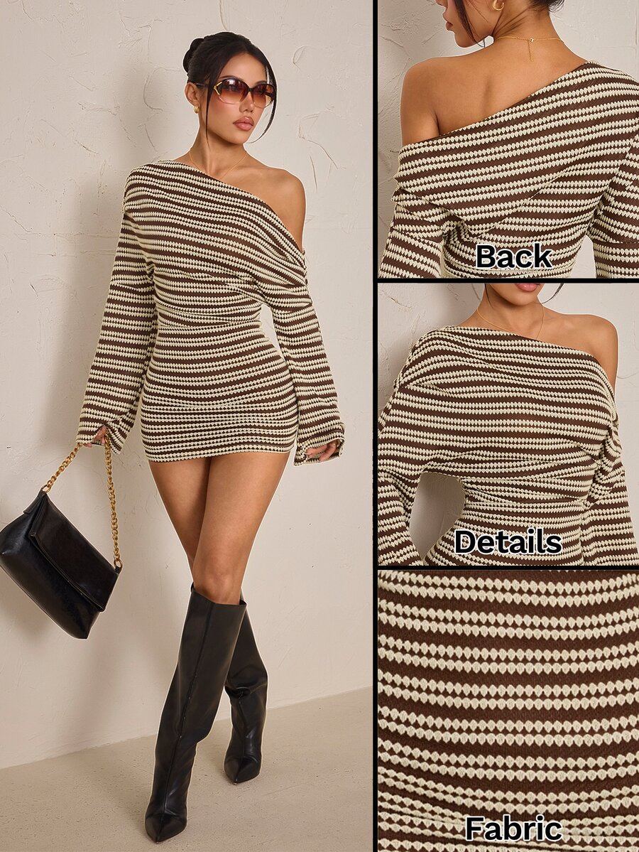 SHEIN PETITE 女款條紋不對稱單肩長袖修身性感迷你洋裝 - 彩色 - 查看 1