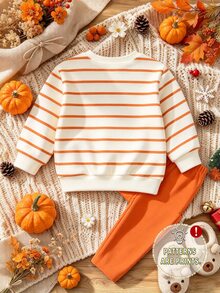 (1 Set) Baby Girls Halloween Autumn/Winter Casual Cute Leopard Print Bow Pumpkin Striped Pattern Crew Neck Sweatshirt With Leggings - Multicolor - View 2