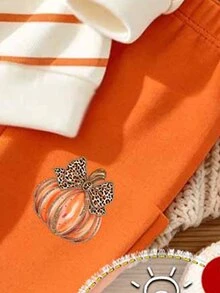 (1 Set) Baby Girls Halloween Autumn/Winter Casual Cute Leopard Print Bow Pumpkin Striped Pattern Crew Neck Sweatshirt With Leggings - Multicolor - View 5