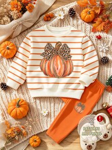 (1 Set) Baby Girls Halloween Autumn/Winter Casual Cute Leopard Print Bow Pumpkin Striped Pattern Crew Neck Sweatshirt With Leggings - Multicolor - View 4