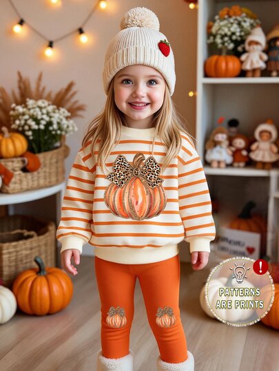 (1 Set) Baby Girls Halloween Autumn/Winter Casual Cute Leopard Print Bow Pumpkin Striped Pattern Crew Neck Sweatshirt With Leggings