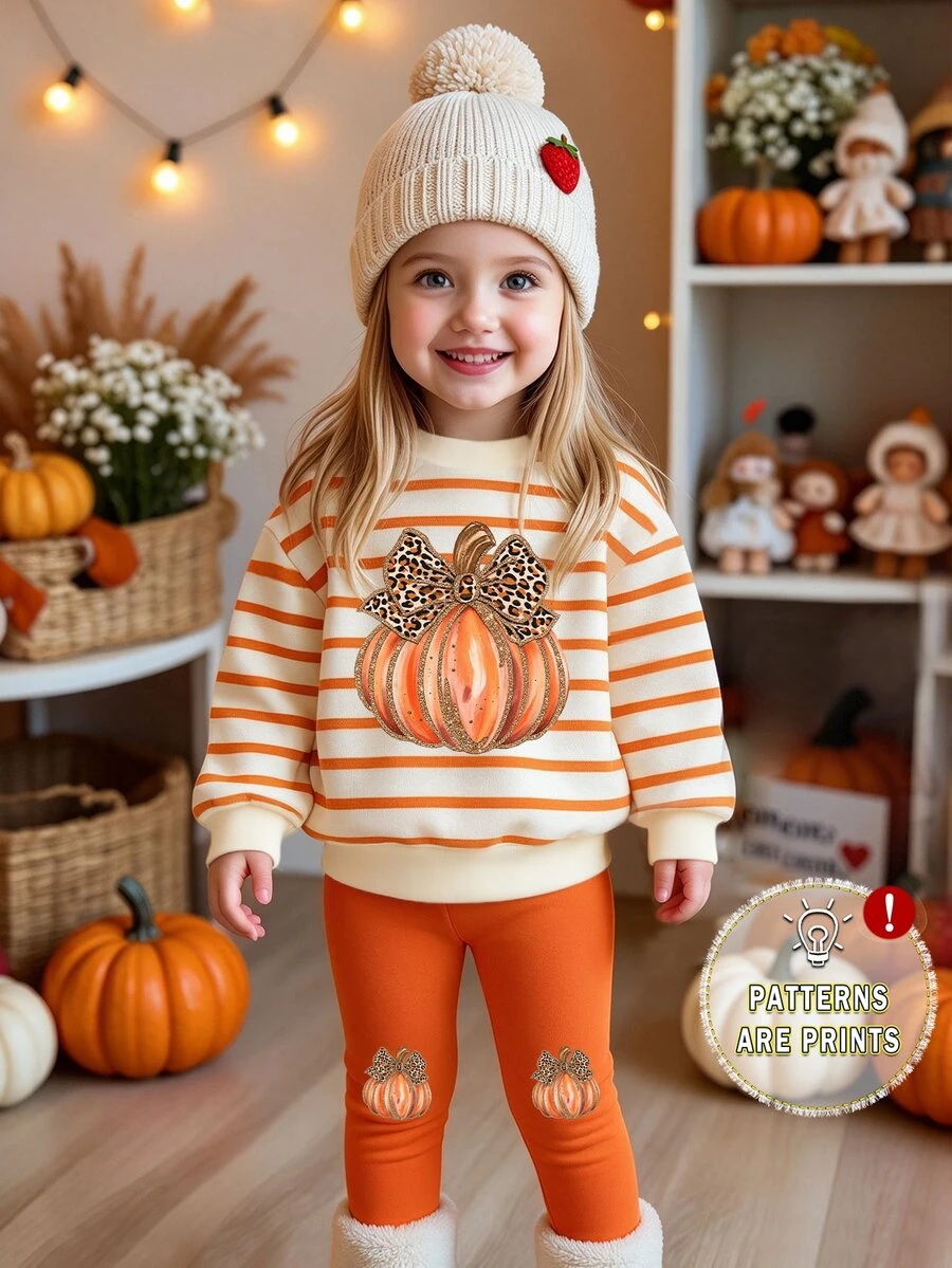 (1 Set) Baby Girls Halloween Autumn/Winter Casual Cute Leopard Print Bow Pumpkin Striped Pattern Crew Neck Sweatshirt With Leggings - Multicolor - View 1