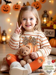 (1 Set) Baby Girls Halloween Autumn/Winter Casual Cute Leopard Print Bow Pumpkin Striped Pattern Crew Neck Sweatshirt With Leggings - Multicolor - View 3