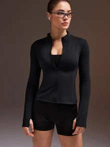 Powerista Women's Solid Color Casual Versatile Daily Travel Sports Jacket - Black - View 7