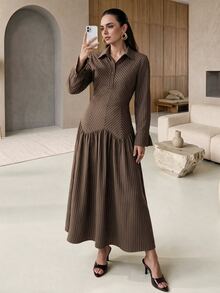 Mulvari Women's Striped Long Sleeve Button Half-Placket Casual Midi Dress - Coffee Brown - View 5