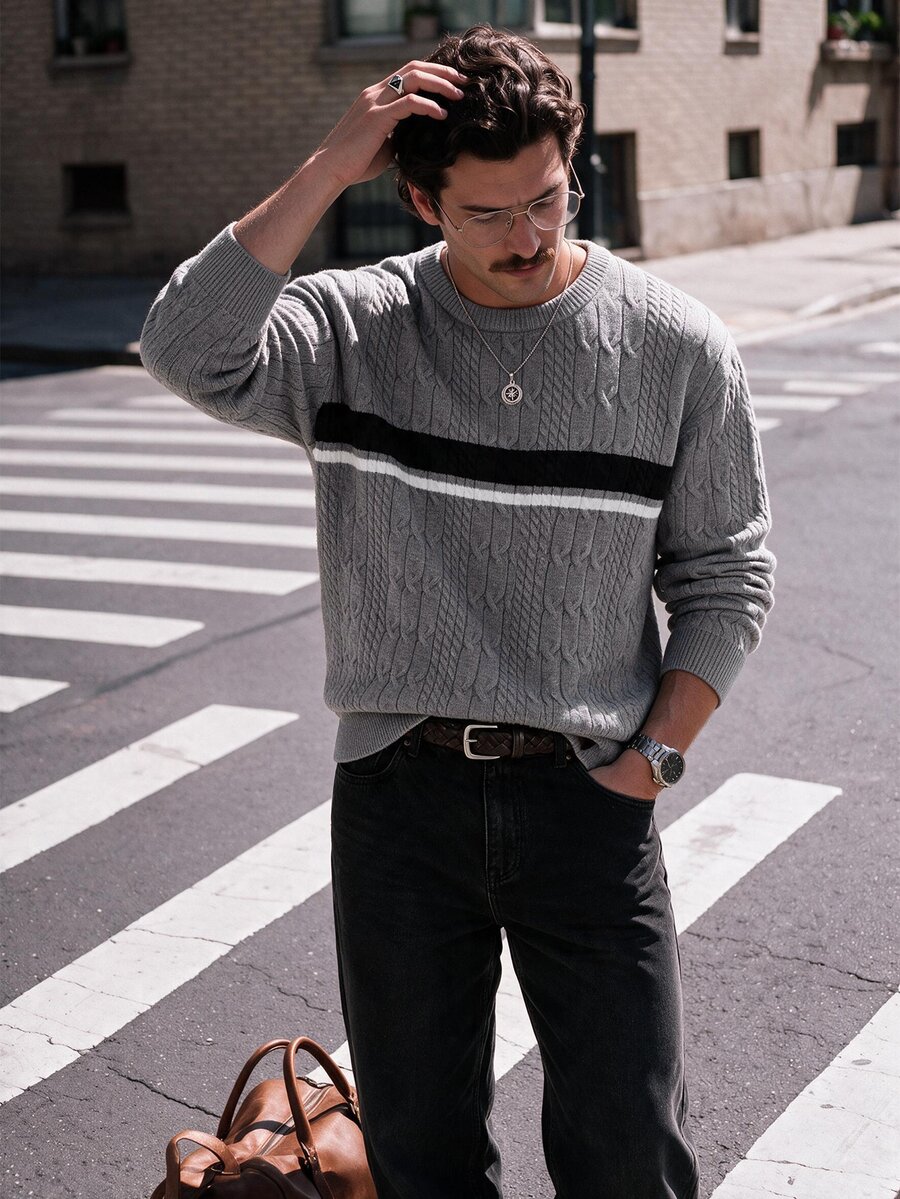Manfinity Homme Men's Casual Crew Neck Long Sleeve Sweater, Fall Winter - Grey - View 1