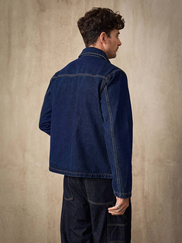 Manfinity Homme Casual Dark Washed Blue Fitted Artistic Splatter Denim Jacket, Spring/Summer - Dark Wash - View 6
