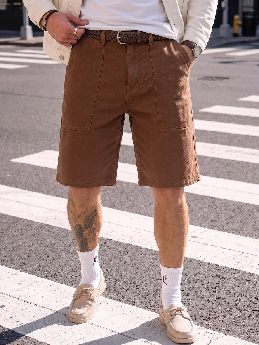VOXRYNE Men's Relaxed Fit Pockets Loose American Casual Denim Shorts - Brown - View 1