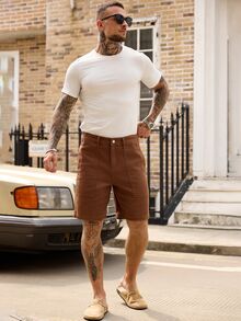 VOXRYNE Men's Relaxed Fit Pockets Loose American Casual Denim Shorts - Brown - View 4