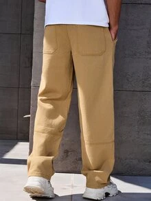 Manfinity Homme Men's Front Tie Pocket Simple Design Jeans, Casual Daily Wear - Khaki - View 2