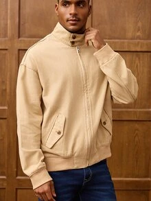 Manfinity Homme 男士商务休闲拉链哈灵顿牛仔夹克 春季款 - 卡其色 - 查看 7