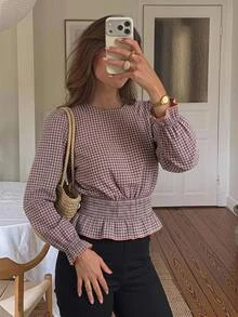 Serisse Women's Plaid Blouse Long Sleeve Ruffle Hem Peplum Fitted Waist Elegant Vintage Business Casual Office Work Tops Fall Date Night Outfits For Women - Multicolor - View 8