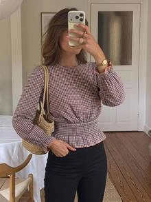 Serisse Women's Plaid Blouse Long Sleeve Ruffle Hem Peplum Fitted Waist Elegant Vintage Business Casual Office Work Tops Fall Date Night Outfits For Women - Multicolor - View 7