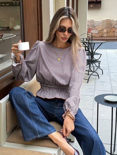 Serisse Blusa xadrez para mulher de manga comprida, bainha com folhos, peplum, cintura ajustada, elegante, vintage, business casual, para escritório e trabalho, outono, para encontros e saídas à noite