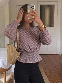 Serisse Women's Plaid Blouse Long Sleeve Ruffle Hem Peplum Fitted Waist Elegant Vintage Business Casual Office Work Tops Fall Date Night Outfits For Women - Multicolor - View 6