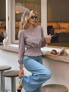 Serisse Women's Plaid Blouse Long Sleeve Ruffle Hem Peplum Fitted Waist Elegant Vintage Business Casual Office Work Tops Fall Date Night Outfits For Women - Multicolor - View 9