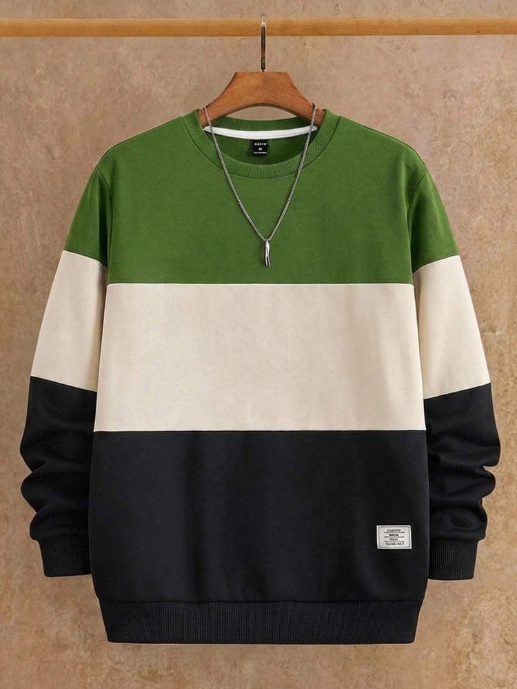 HIMLAND Men's Knitted Casual Letter Print Crew Neck Sweatshirt, Streetwear, Fleece, Oversized Pullover, Crew Neck Sweatshirt, Patchwork Casual Sweatshirt - Multicolor - View 1