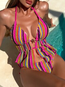 SHEIN Swim Women's Summer Beach Patchwork Ruched Halter Tie Sexy Tankini Top And Triangle Bottoms Swimwear Set - Multicolor - View 6