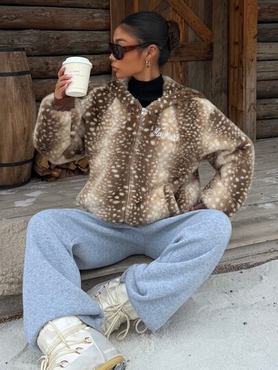 Muchica Brown Faux Fur Coat For Women Deer Patterned Autumn And Winter Faux Fur Zipper Hooded Jacket With Plush Insulation For Warmth And Comfort