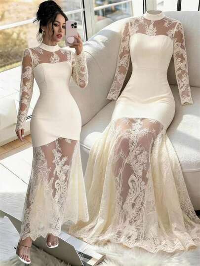 Elenzga Nuevo vestido elegante y sexy de manga larga con encaje calado, ajuste ceñido al Body con cintura marcada, de alta calidad, elástico y con bajo de cola de sirena para eventos