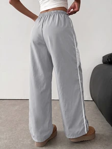 SHEIN Teen Girl Knit Light Gray Loose Casual Drawstring Pocket Wide Leg Sweatpants - Light Grey - View 2