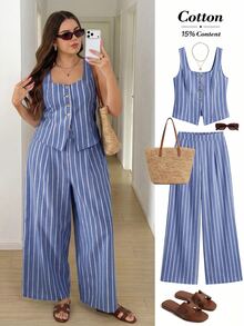 Easowa Curve Plus Size Women's Cotton Linen Striped 2 Pieces Set Square Neck Striped Button Vest And Pants Suitable For Dating, Vacation, Party, Daily Wear, Gathering, Outdoor Activities - Blue - View 7
