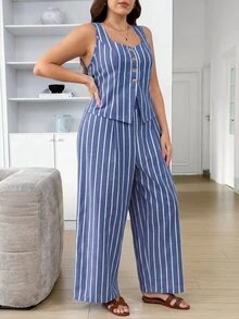 Easowa Curve Plus Size Women's Cotton Linen Striped 2 Pieces Set Square Neck Striped Button Vest And Pants Suitable For Dating, Vacation, Party, Daily Wear, Gathering, Outdoor Activities - Blue - View 3