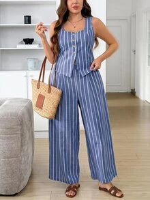 Easowa Curve Plus Size Women's Cotton Linen Striped 2 Pieces Set Square Neck Striped Button Vest And Pants Suitable For Dating, Vacation, Party, Daily Wear, Gathering, Outdoor Activities - Blue - View 5