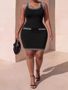 Zivah Plus Size Women Square Neck Sleeveless Fitted Casual Dress - Black and White - View 2