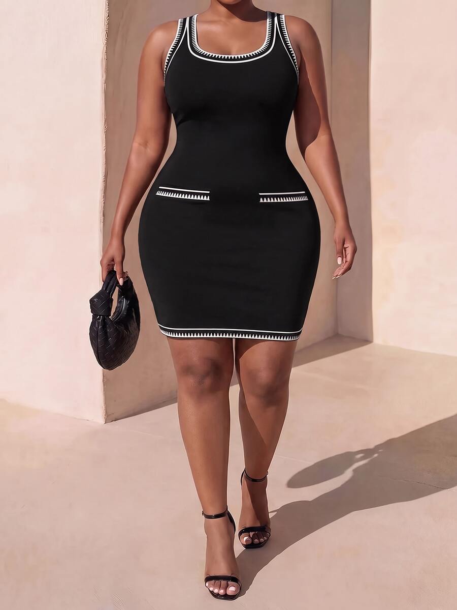 Zivah Plus Size Women Square Neck Sleeveless Fitted Casual Dress