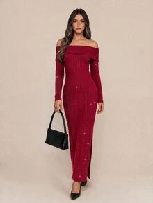Amorya Women's Off-Shoulder Long Sleeve Sweater Dress Going Out Burgundy Red Autumn Sexy - Red - View 4